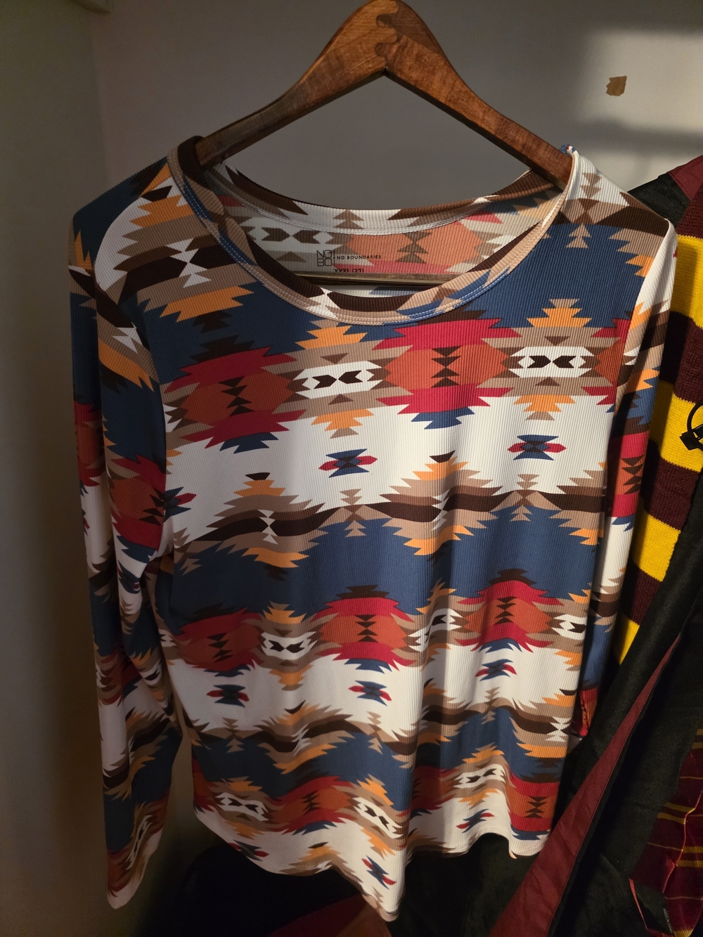 No Boundaries Aztec Print Long Sleeve Top in Navy, Red, Tan & White